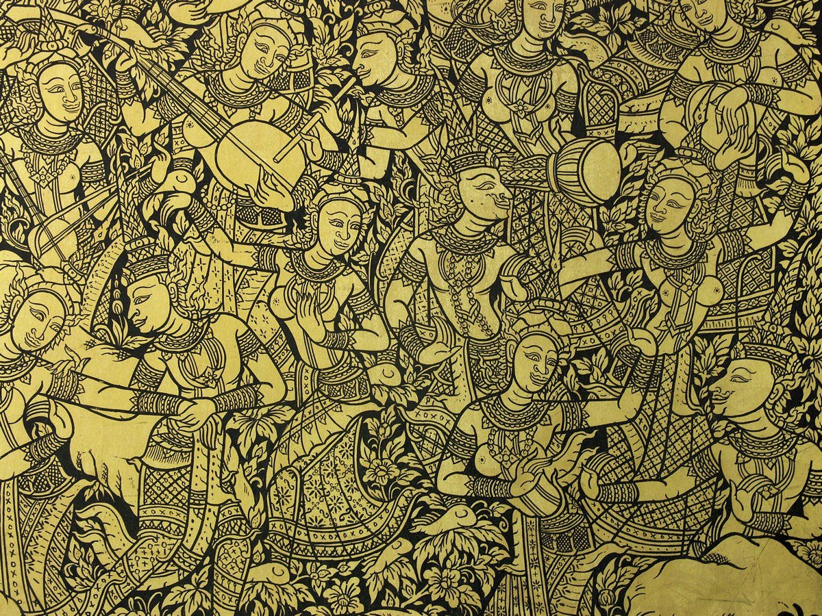 ลายรดน้ำรูปเทวดานางฟ้าเรียงแน่น วัดสุทัศน์ (ตระกูลนารี)